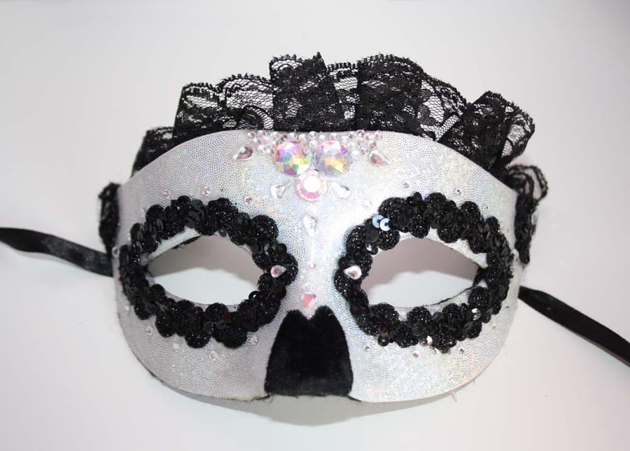 Black Sequin Black Lace Jewelled Masquerade Mask