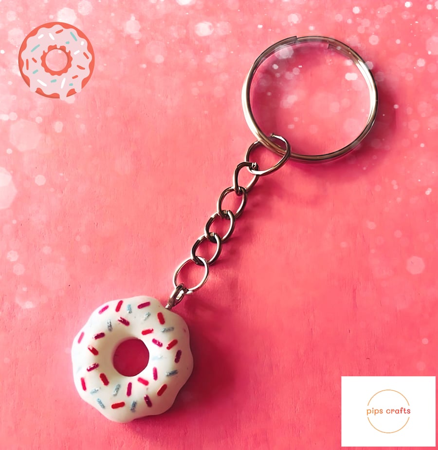 Quirky White Doughnut Keyring - Fun Food Keychain, Gift, Donut