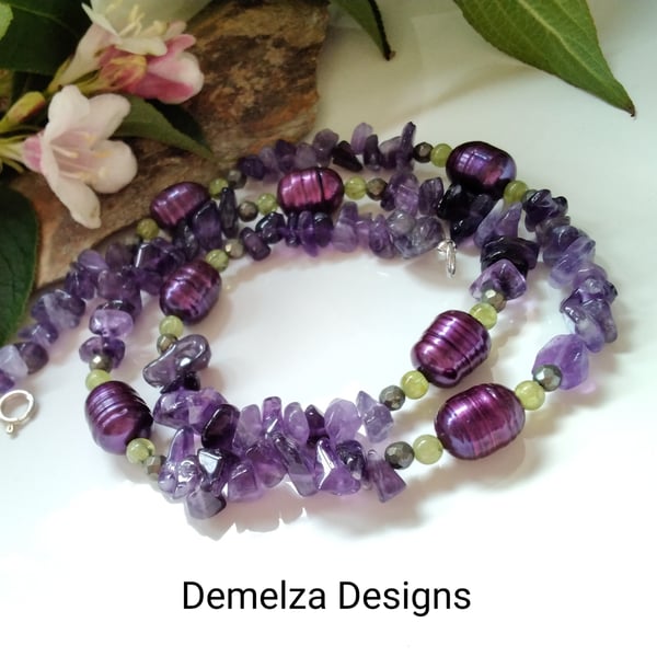  Fresh Water Pearls, Amethyst & Peridot  Sterling Silver  Necklace