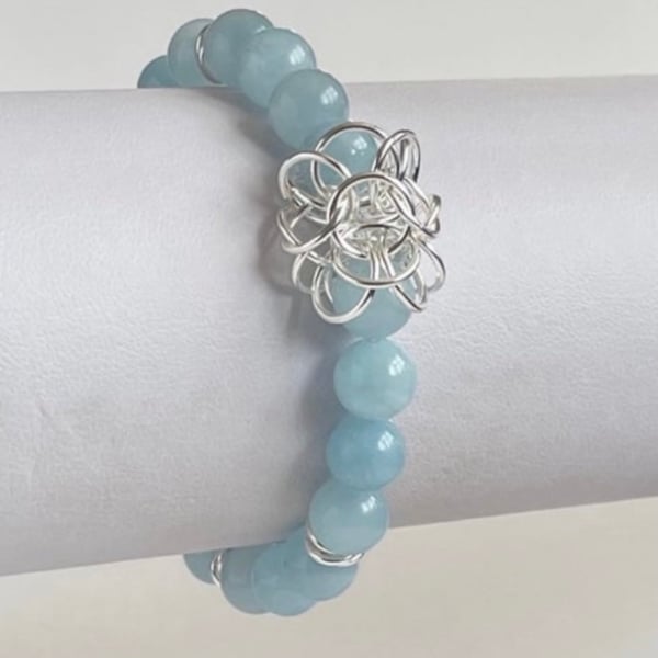 Stretchy Aquamarine Beaded Chainmaille Link Bracelet 