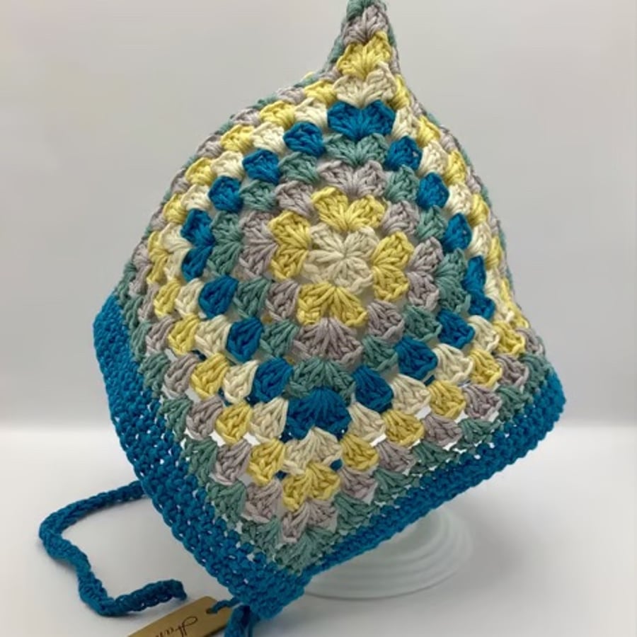 Granny Square Pixie Bonnet with Ties 100% Soft Egyptian Cotton Age 1-3 Years
