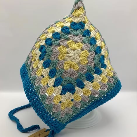 Granny Square Pixie Bonnet with Ties 100% Soft Egyptian Cotton Age 1-3 Years