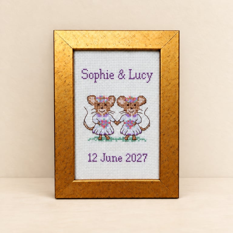 Personalised Wedding Mice Cross Stitch – Framed Keepsake - Brides