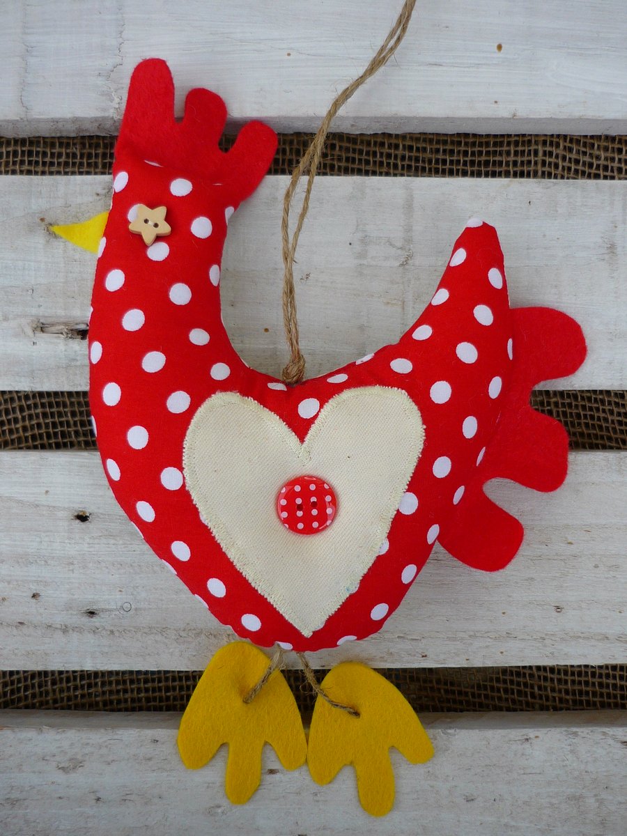 Hanging Chicken Decoration Red with White spots & Applique Heart