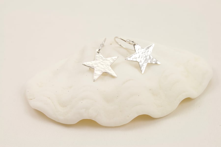 Sterling Silver Hammered Star Drop Earrings