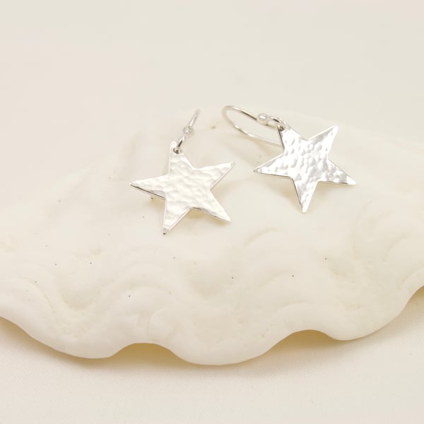 Sterling Silver Hammered Star Drop Earrings