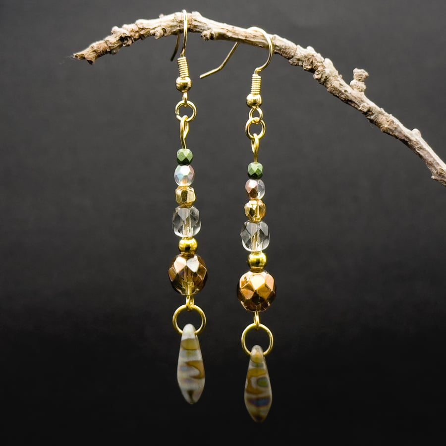 Gold Plated Drop Earrings with Mixed Glass and Metal Beads with Metallic Accents