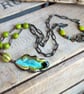 Handmade Turquoise and Lime Ceramic Leaf Necklace with Antique Brass Chain - Image 4