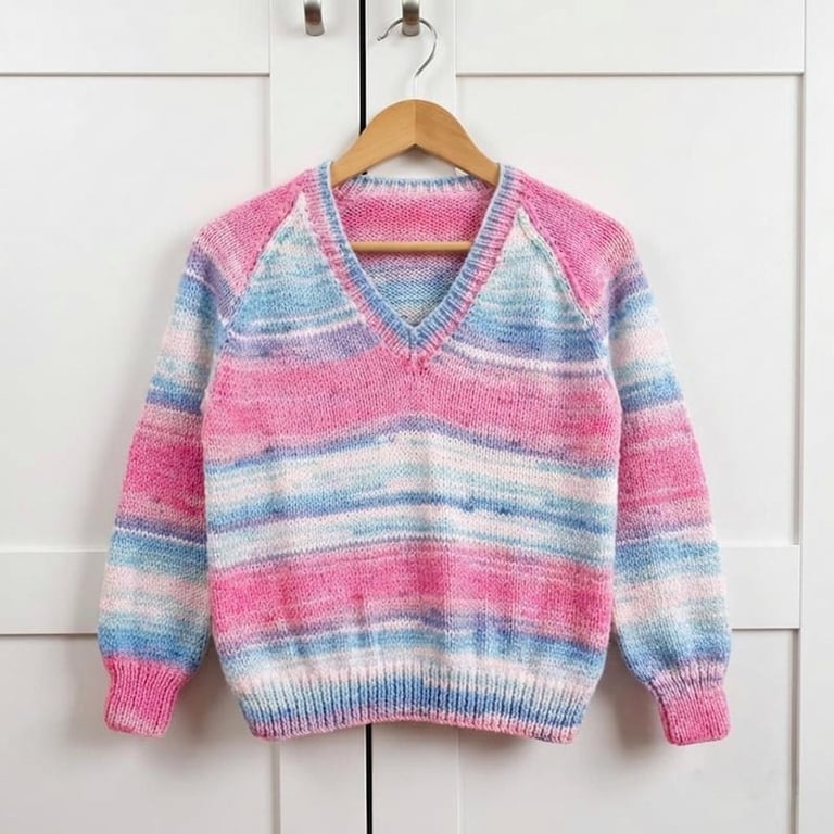 Hand Knitted Sparkly pink and blue Girls Jumper, V Neck