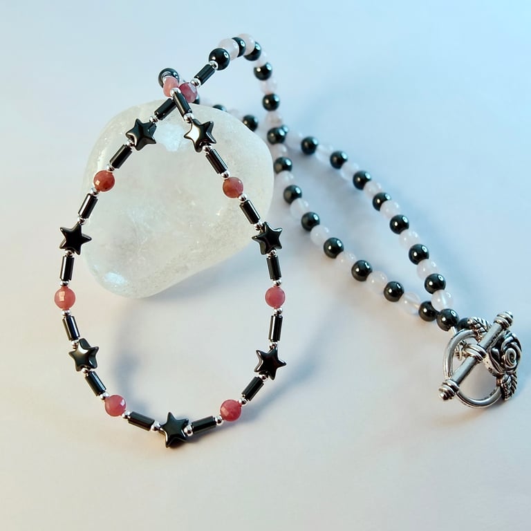Tourmaline & Hematite Star Necklace, Anniversary, October Birthday, Libra Gift