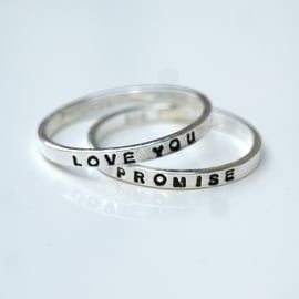 Personalised Rings, Set of 2 Silver Stacking Rings, 2mm Hand Stamped Bands