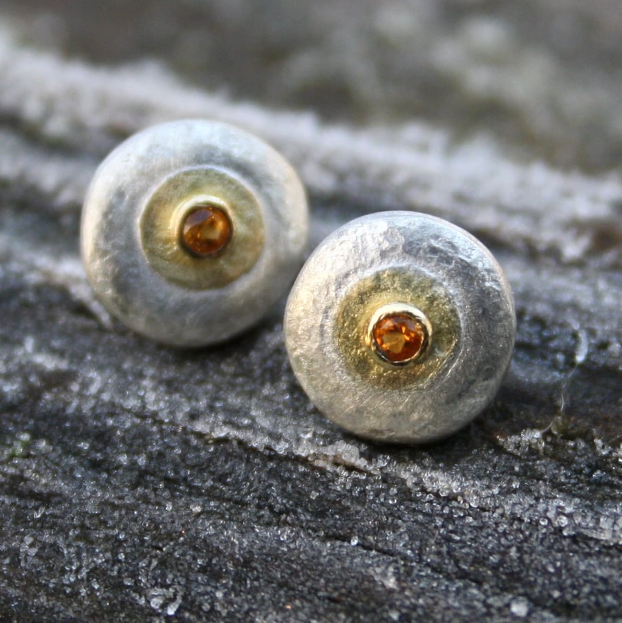 Frosted silver, gold and citrine stud earrings , mixed metal