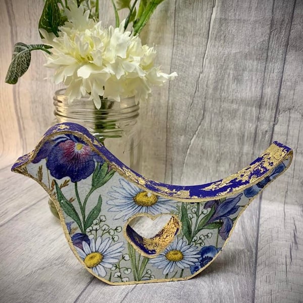 Decoupaged Wooden Bird (daisies)