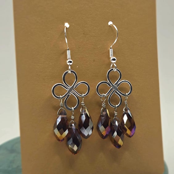 Sterling Silver Clover Chandelier Earrings, Faceted Rainbow Glass Bead Drops