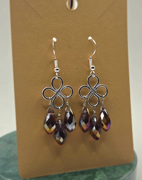 Sterling Silver Clover Chandelier Earrings, Faceted Rainbow Glass Bead Drops