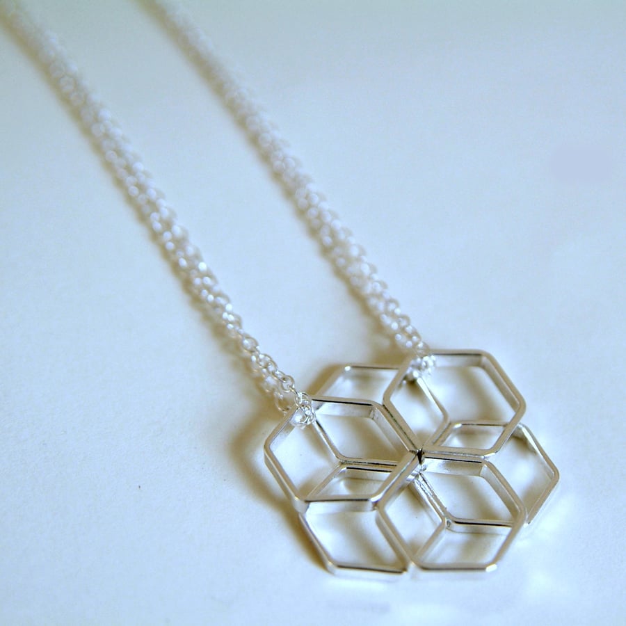 Hexagon Flower Necklace, Handmade in Sterling Silver, Geometric Pendant