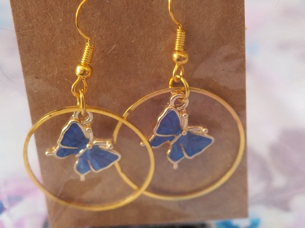 Gold Earrings with Dark Blue Butterfly Charms and Large Circles 