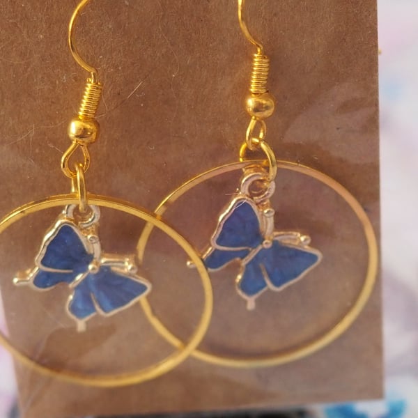 Gold Earrings with Dark Blue Butterfly Charms and Large Circles 
