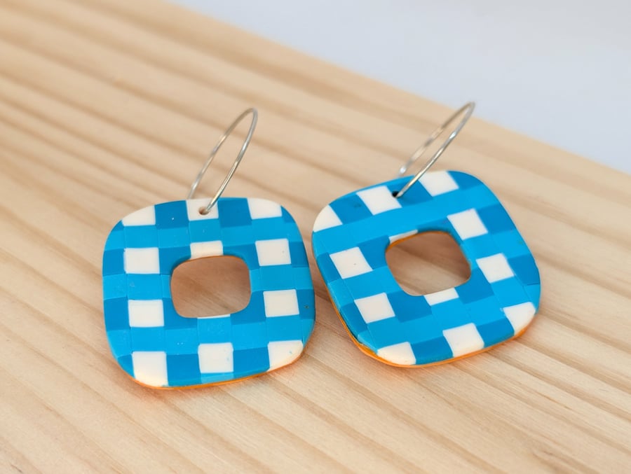 Blue gingham with orange reverse dangle earrings 