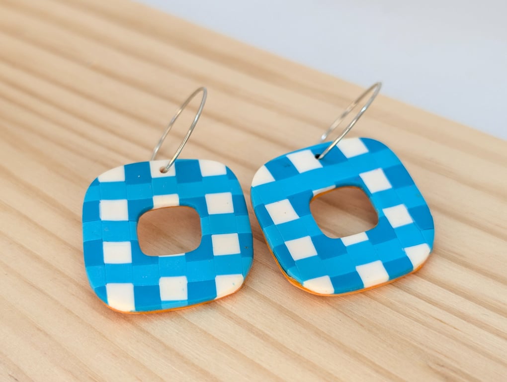 Blue gingham with orange reverse dangle earrings 