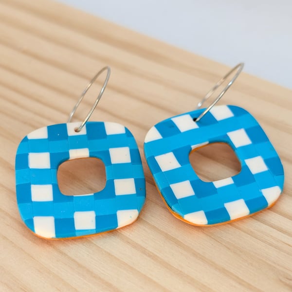 Blue gingham with orange reverse dangle earrings 