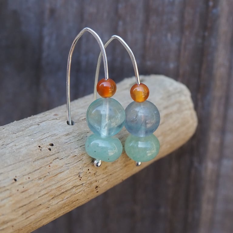 Fluorite, Amazonite and Carnelian bead drop earrings, Argentium Silver Earrings