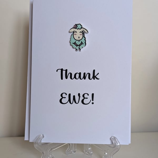 Thank EWE (you) greetings card with a sheep button 