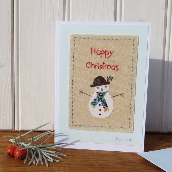 Sweet little snowman card with hand-stitched words and embroidered details