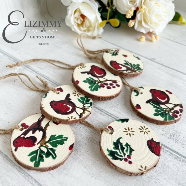 Christmas Robin Rustic Wood Slice Christmas Tree Decorations Set of 6