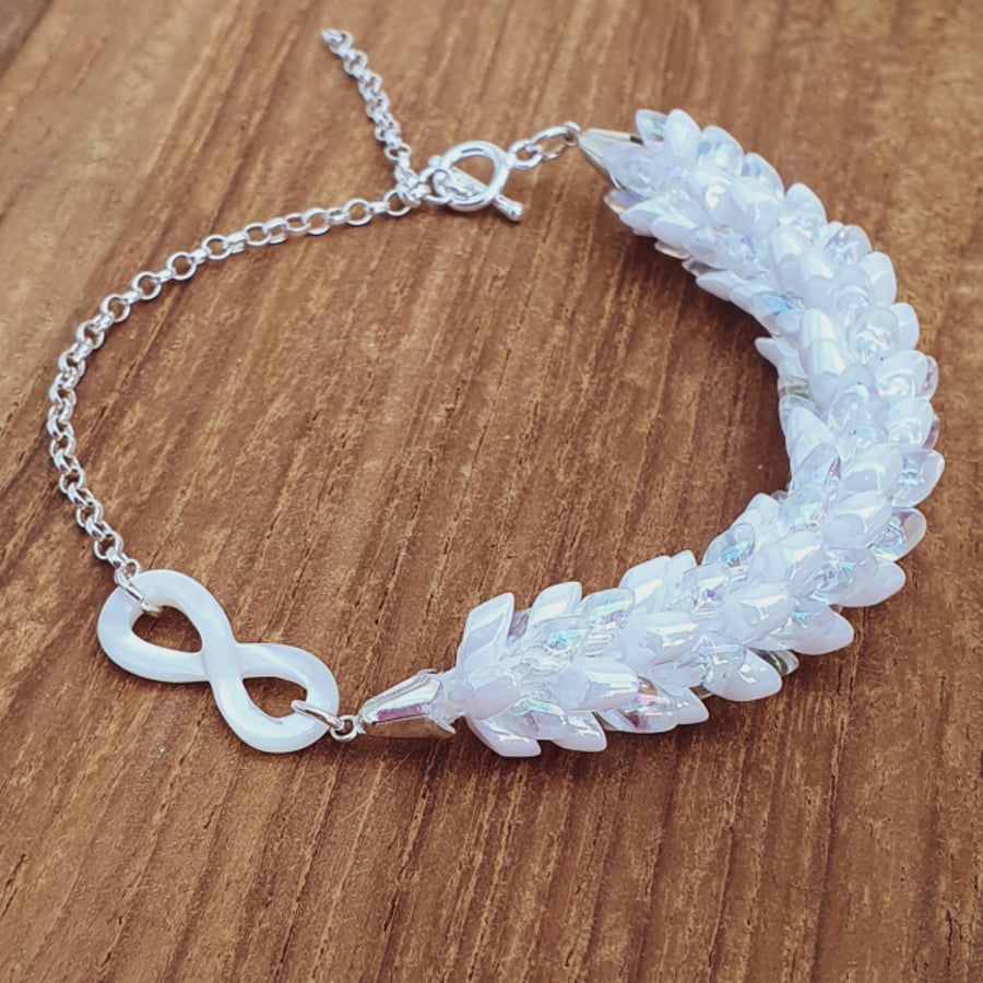 Sterling Silver and Mother of Pearl Infinity Dragonscale Kumihimo Bracelet