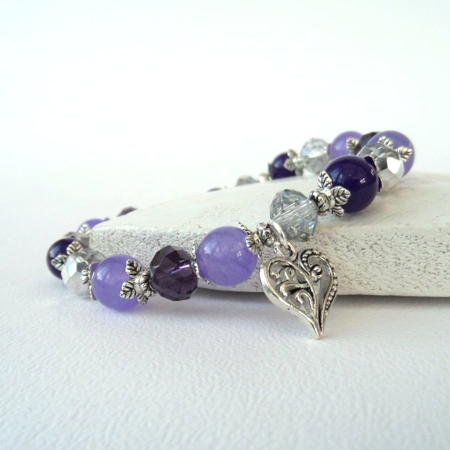 Purple and silver gemstone & crystal handmade bracelet with heart charm 