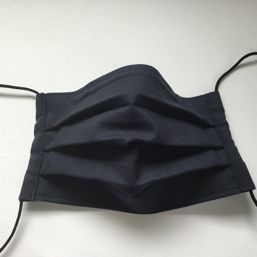 Larger Size 3 Layered Navy Face Covering Mask With Removable Nose Wire 