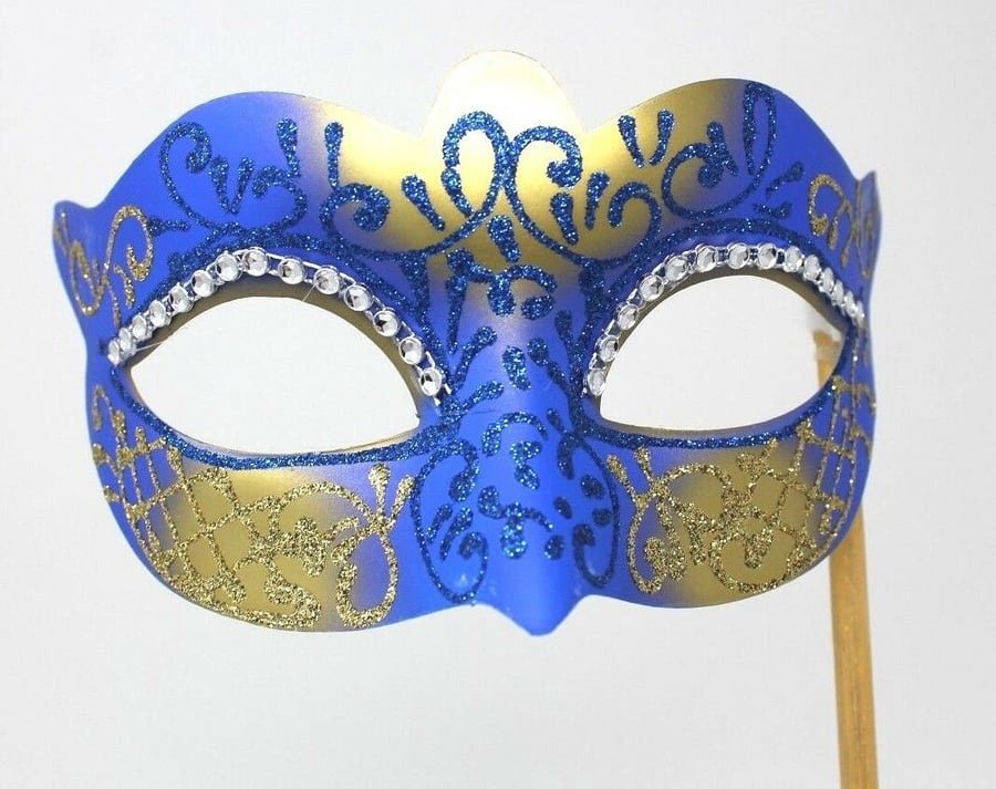 Stunning Blue and Gold Diamonte Masquerade Mask on a Gold Stick