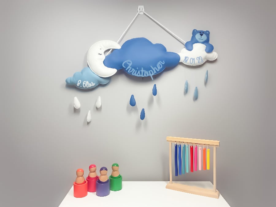 Blue Night Sky Showers - Personalised felt nursery wall and door sign