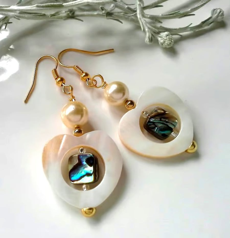 Mother of Pearl,  Abalone Shell & Shell Pearl Earrings Gold Plated