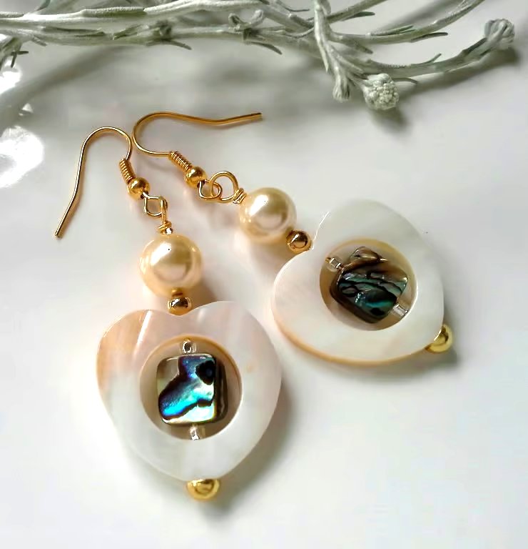 Mother of Pearl,  Abalone Shell & Shell Pearl Earrings Gold Plated