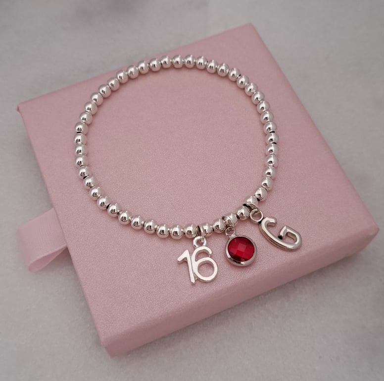 Personalised 16th Birthday Initial & Birthstone Bracelet, Silver Beaded Stretch 