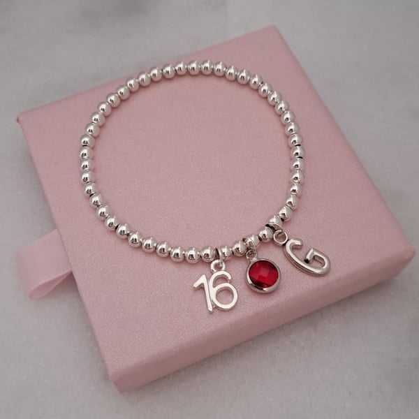 Personalised 16th Birthday Initial & Birthstone Bracelet, Silver Beaded Stretch 