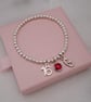 Personalised 16th Birthday Initial & Birthstone Bracelet, Silver Beaded Stretch 