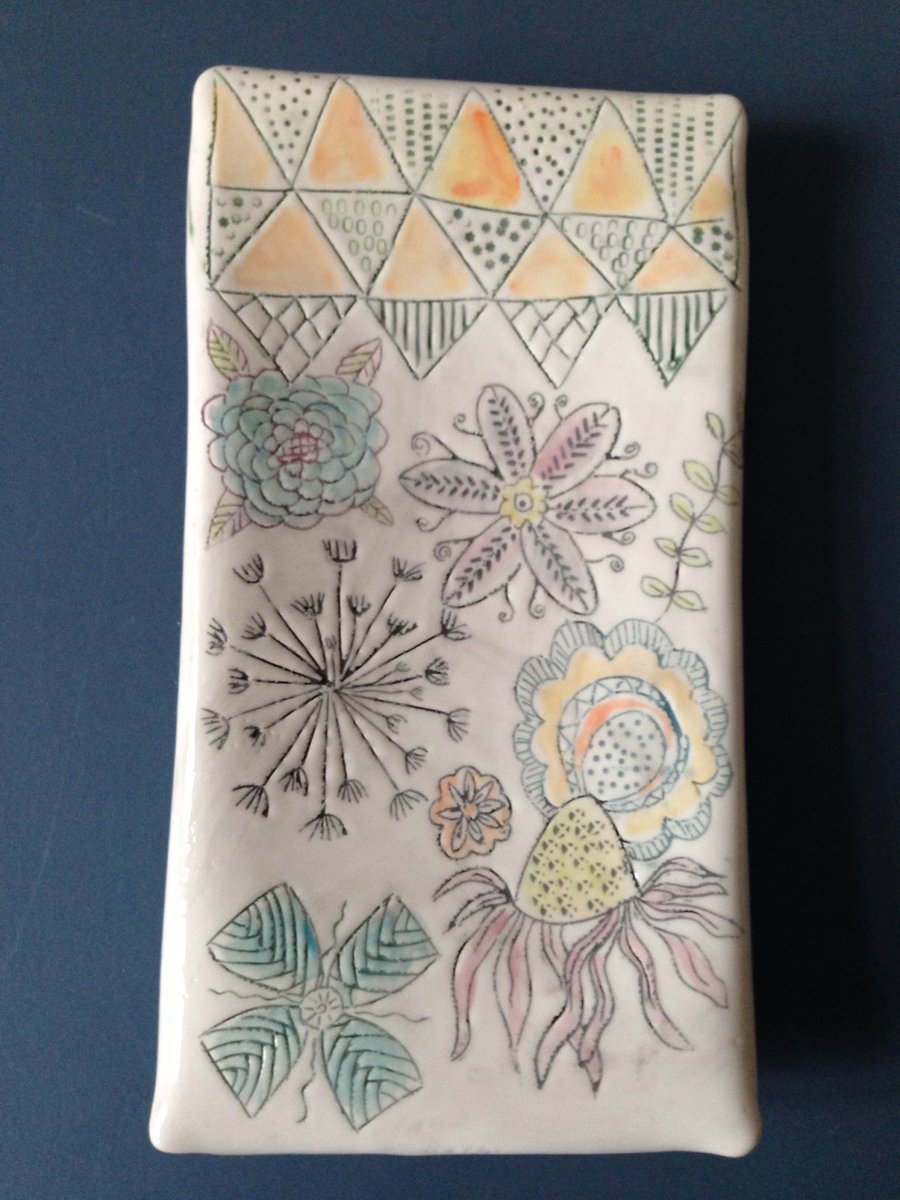 Wall art ceramic plaque picture floral handmade