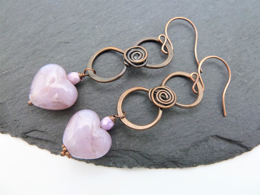 copper earrings, lilac glass hearts