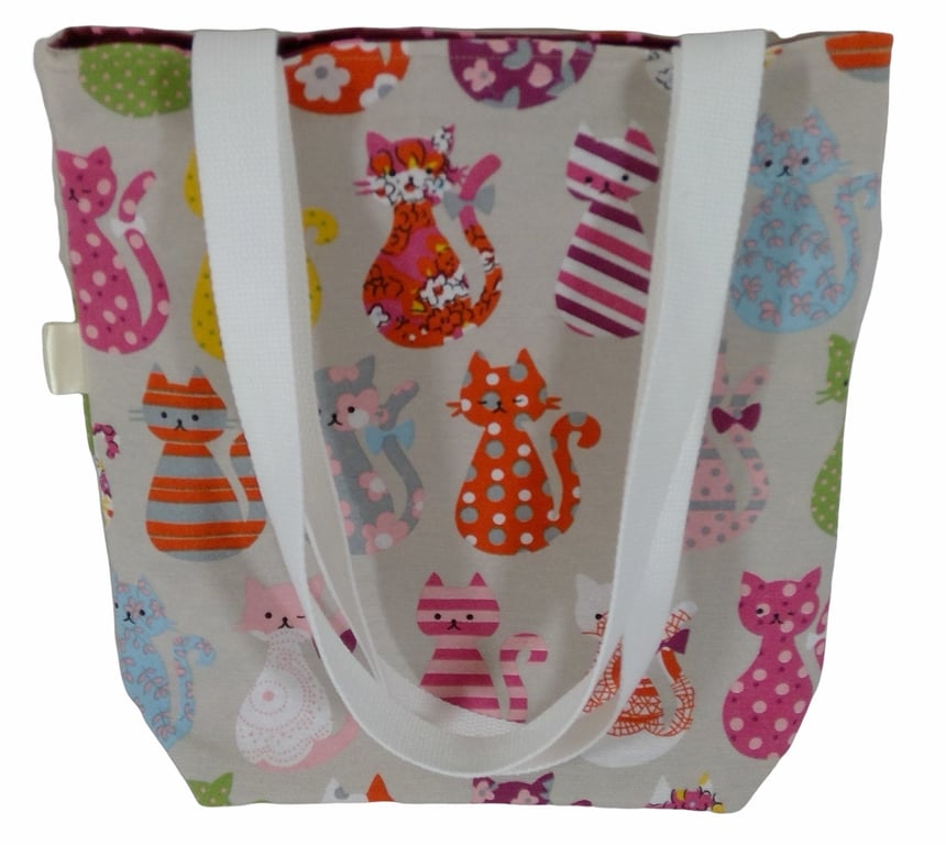 Cats Small cotton canvas colourful tote bag, cat lover book purse, lined tote, 