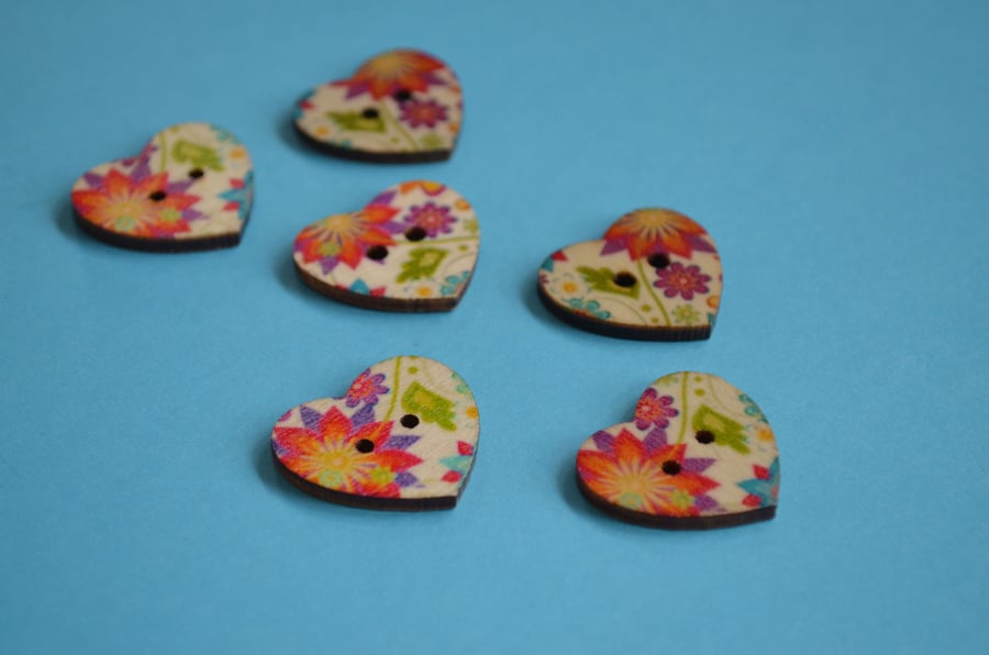 Wooden Heart Buttons Floral Retro Purple Orange Yellow 6pk 25x22mm (H7)