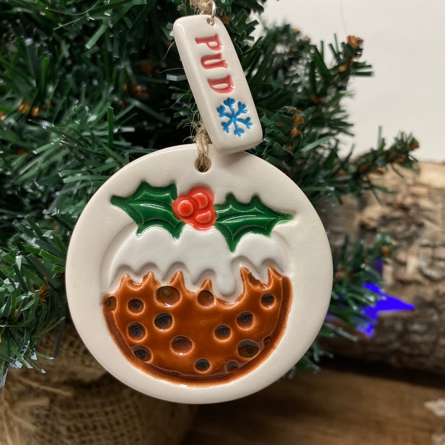 Ceramic Christmas pudding decoration with little tag