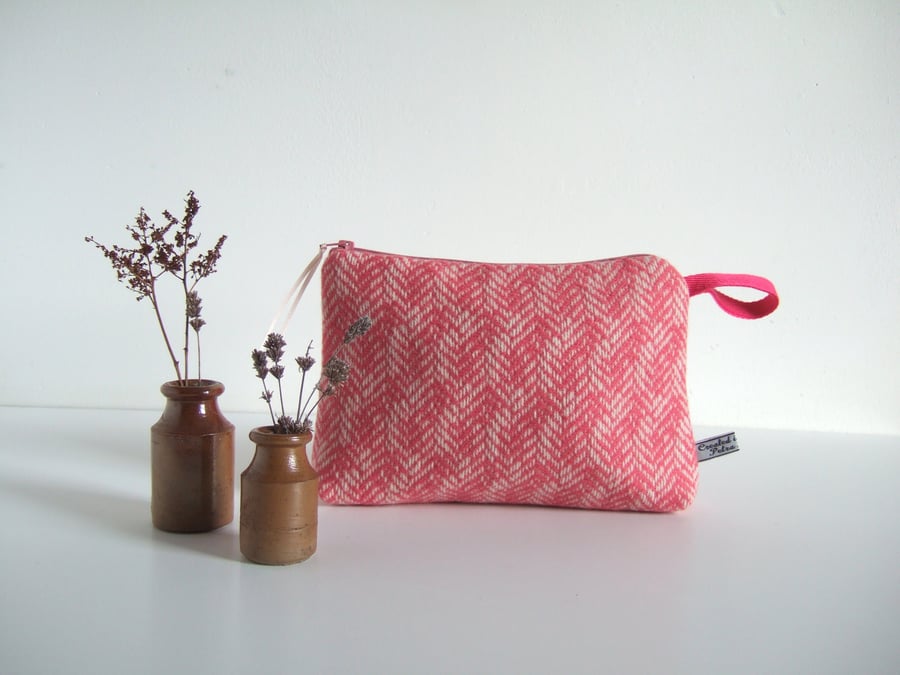 Pink tweed woollen makeup bag, purse, or toiletries bag.