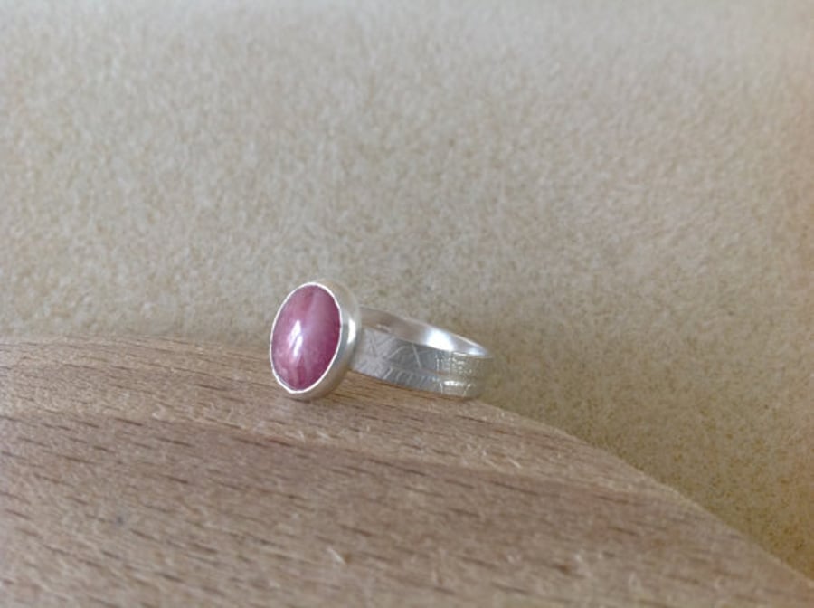 Pink Rhodochrosite Sterling and Fine silver leaf band ring