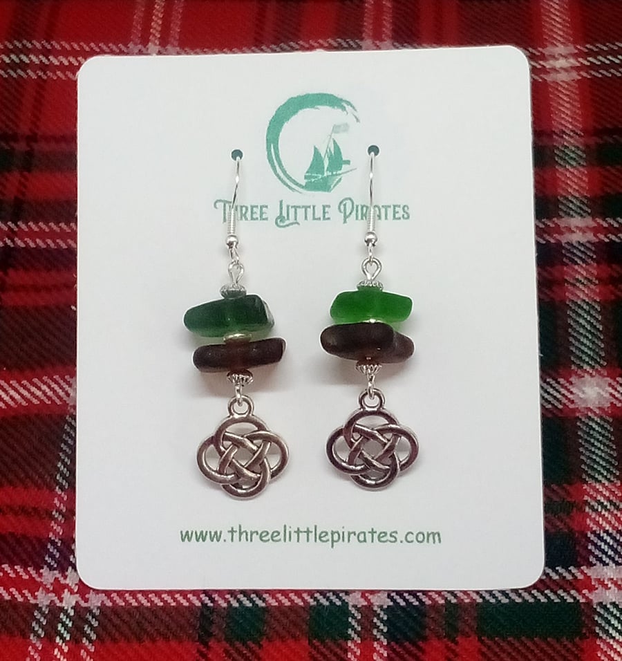 Dangly Scottish seaglass earrings in green and brown with Celtic knot charm