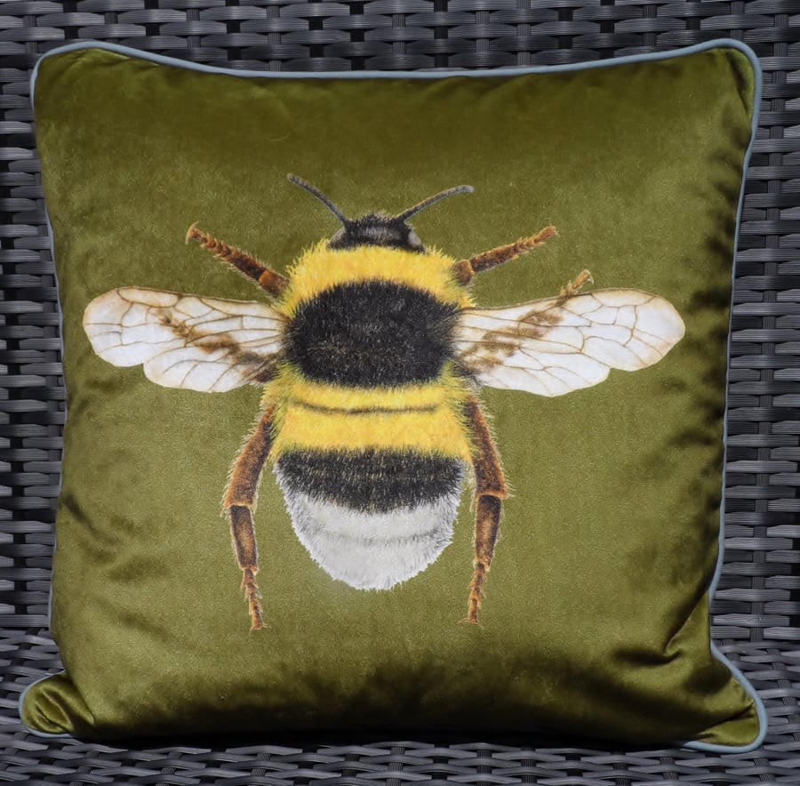 Velvet Bee cushion in olive velvet and polka dot linen fabric.  FREE UK Postage.