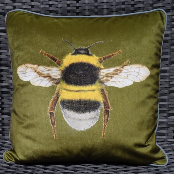 Velvet Bee cushion in olive velvet and polka dot linen fabric.  FREE UK Postage.