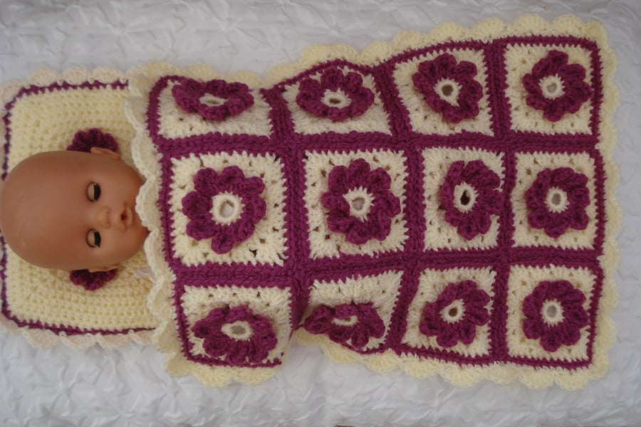 Granny Square Crochet Dolls Blanket And Pillow Set Cream And Pink